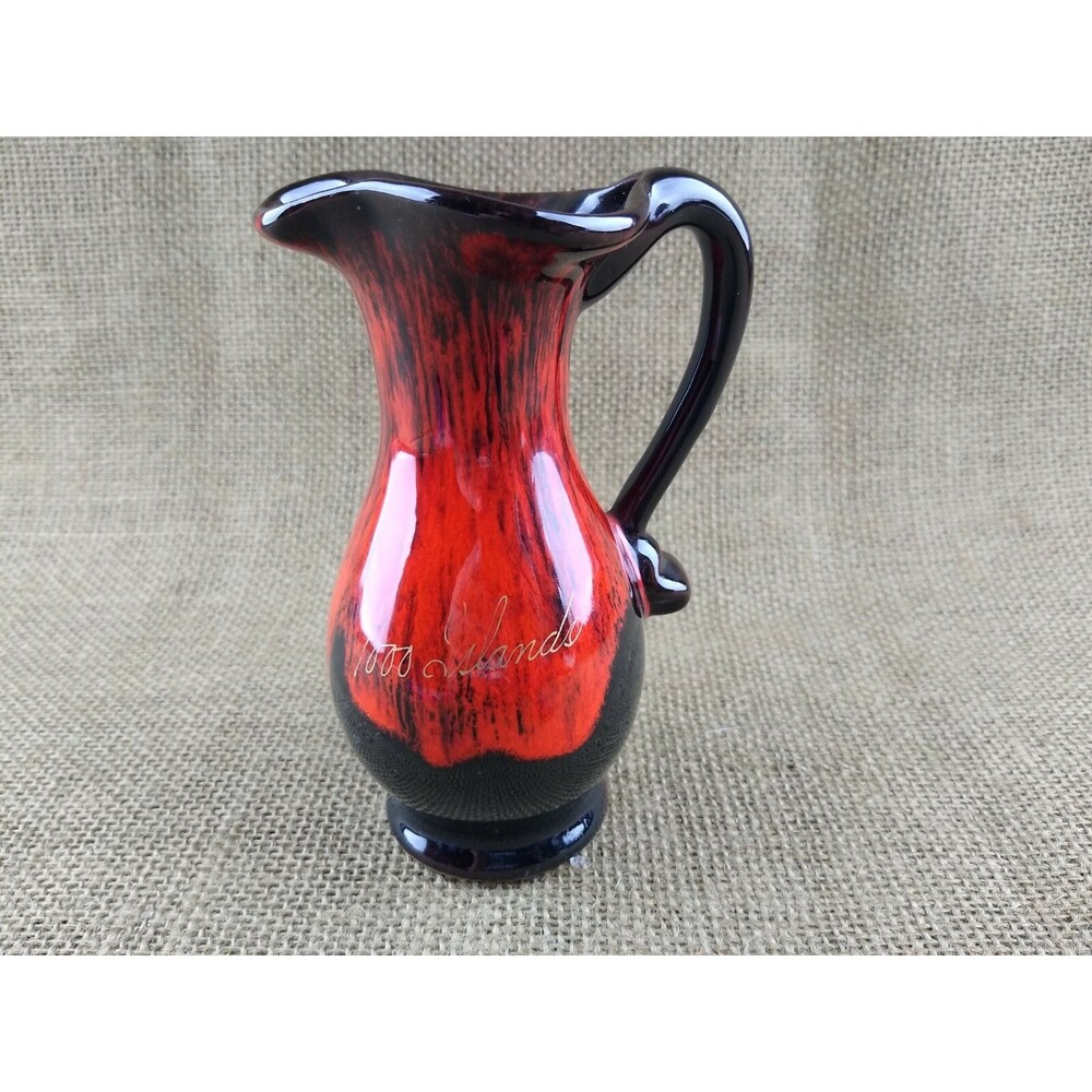 Vintage Souvenir Art Pottery Pitcher Vase Black w Redish Orange 1000 Islands